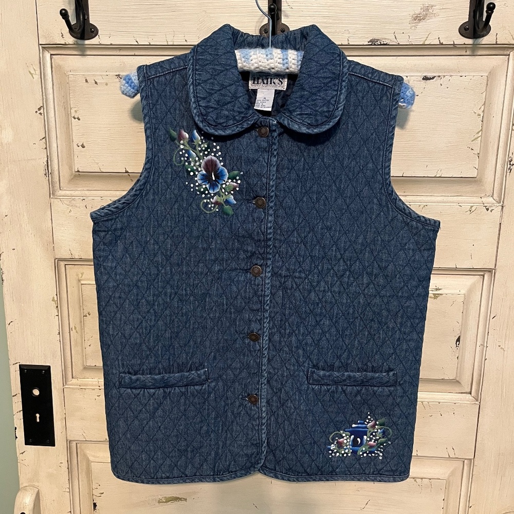 Haik's Quilted Blue Denim Button Front Vest Size M